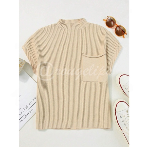 Knit Beige Spring/Fall Short Sleeve Pullover Sweater Top Front Pocket - Picture 4 of 8